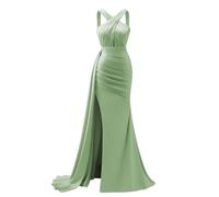 KURFACE Robe de bal longue sirène en satin avec fente plissée et croisée dans le dos pour femme, vert sauge, 54 Grande taille