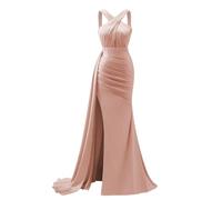 KURFACE Robe de bal longue sirène en satin avec fente plissée et croisée dans le dos pour femme, vieux rose, 42