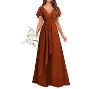 KURFACE Robe de demoiselle d'honneur à col en V avec manches froncées en mousseline de soie - Robe de soirée, orange brûlé, 34