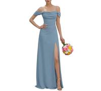 KURFACE Robe de demoiselle d'honneur à épaules dénudées avec fente plissée et bretelles spaghetti en mousseline de soie pour femme, Bleu poudré, 38