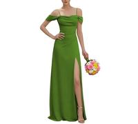 KURFACE Robe de demoiselle d'honneur à épaules dénudées avec fente plissée et bretelles spaghetti en mousseline de soie pour femme, vert olive, 58 Grande taille