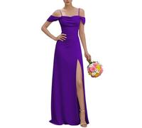 KURFACE Robe de demoiselle d'honneur à épaules dénudées avec fente plissée et bretelles spaghetti en mousseline de soie pour femme, violet, 36