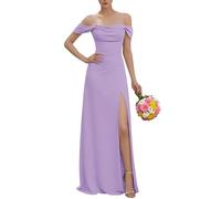 KURFACE Robe de demoiselle d'honneur à épaules dénudées avec fente plissée et bretelles spaghetti en mousseline de soie pour femme, lilas, 50 Grande taille