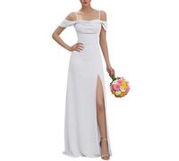 KURFACE Robe de demoiselle d'honneur à épaules dénudées avec fente plissée et bretelles spaghetti en mousseline de soie pour femme, blanc, 42