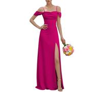 KURFACE Robe de demoiselle d'honneur à épaules dénudées avec fente plissée et bretelles spaghetti en mousseline de soie pour femme, rose vif, 36
