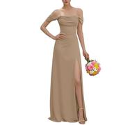 KURFACE Robe de demoiselle d'honneur à épaules dénudées avec fente plissée et bretelles spaghetti en mousseline de soie pour femme, taupe, 42