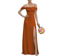 KURFACE Robe de demoiselle d'honneur à épaules dénudées avec fente plissée et bretelles spaghetti en mousseline de soie pour femme, orange brûlé, 60 Grande taille