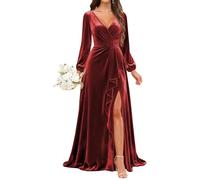 KURFACE Robe de demoiselle d'honneur à manches longues avec col en V et fente froncée sans manches pour femme, rouge vin, 38