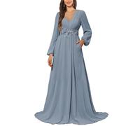 KURFACE Robe de demoiselle d'honneur à manches longues avec poches en dentelle et mousseline de soie pour femme, Bleu poudré, 50 Grande taille