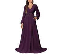 KURFACE Robe de demoiselle d'honneur à manches longues avec poches en dentelle et mousseline de soie pour femme, prune, 34