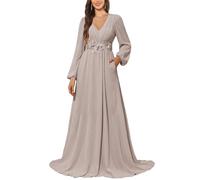 KURFACE Robe de demoiselle d'honneur à manches longues avec poches en dentelle et mousseline de soie pour femme, taupe, 50 Grande taille