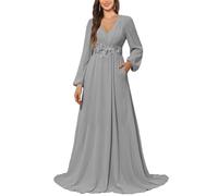 KURFACE Robe de demoiselle d'honneur à manches longues avec poches en dentelle et mousseline de soie pour femme, Argenté., 56 Grande taille