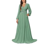 KURFACE Robe de demoiselle d'honneur à manches longues avec poches en dentelle et mousseline de soie pour femme, Eucalyptus, 58 Grande taille