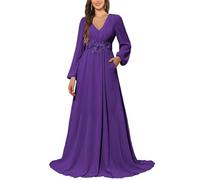 KURFACE Robe de demoiselle d'honneur à manches longues avec poches en dentelle et mousseline de soie pour femme, violet, 60 Grande taille