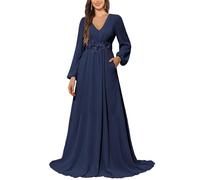 KURFACE Robe de demoiselle d'honneur à manches longues avec poches en dentelle et mousseline de soie pour femme, bleu marine, 56 Grande taille