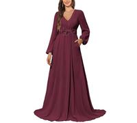 KURFACE Robe de demoiselle d'honneur à manches longues avec poches en dentelle et mousseline de soie pour femme, Rose désert, 48 Grande taille