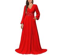 KURFACE Robe de demoiselle d'honneur à manches longues avec poches en dentelle et mousseline de soie pour femme, Rouge, 38