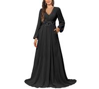 KURFACE Robe de demoiselle d'honneur à manches longues avec poches en dentelle et mousseline de soie pour femme, Noir , 36