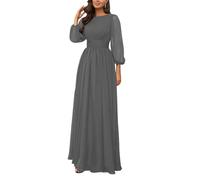 KURFACE Robe de demoiselle d'honneur à manches longues plissée et col rond en mousseline de soie pour femme, gris, 38