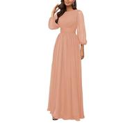 KURFACE Robe de demoiselle d'honneur à manches longues plissée et col rond en mousseline de soie pour femme, vieux rose, 38