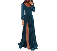 KURFACE Robe de demoiselle d'honneur à manches longues pour femme avec fente plissée en satin robe formelle, bleu sarcelle, 40
