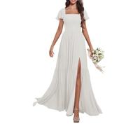 KURFACE Robe de demoiselle d'honneur à manches volantes et col en V en mousseline de soie avec fente plissée longue robe de soirée formelle, ivoire, 34