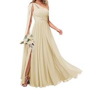 KURFACE Robe de demoiselle d'honneur asymétrique avec cape fendue sur le côté en mousseline de soie longue formelle pour invitées de mariage, champagne, 38