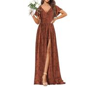 KURFACE Robe de demoiselle d'honneur en dentelle florale avec manches et col en V plissé, robe de soirée formelle, orange brûlé, 34