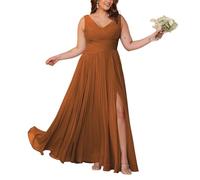 KURFACE Robe de demoiselle d'honneur en mousseline de soie à col en V avec fente plissée pour femme, orange brûlé, 34
