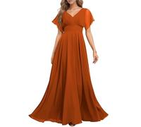 KURFACE Robe de demoiselle d'honneur en mousseline de soie plissée avec manches et col en V pour femme, orange brûlé, 34