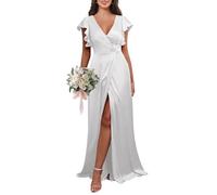 KURFACE Robe de demoiselle d'honneur en satin avec col en V et manches fendues et col en V pour femme, blanc, 34