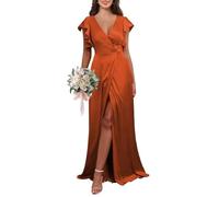 KURFACE Robe de demoiselle d'honneur en satin avec col en V et manches fendues et col en V pour femme, Orange, 34