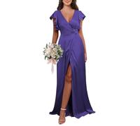 KURFACE Robe de demoiselle d'honneur en satin avec col en V et manches fendues et col en V pour femme, violet, 44