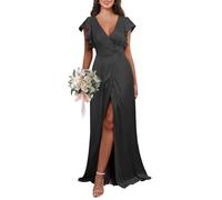 KURFACE Robe de demoiselle d'honneur en satin avec col en V et manches fendues et col en V pour femme, Noir , 36