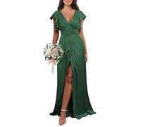KURFACE Robe de demoiselle d'honneur en satin avec col en V et manches fendues et col en V pour femme, vert émeraude, 42