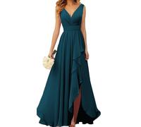 KURFACE Robe de demoiselle d'honneur longue en mousseline de soie à col en V avec fente froncée - Robe de soirée, paon, 38