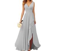 KURFACE Robe de demoiselle d'honneur longue en mousseline de soie à col en V avec fente froncée - Robe de soirée, Argenté., 40