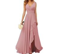 KURFACE Robe de demoiselle d'honneur longue en mousseline de soie à col en V avec fente froncée - Robe de soirée, vieux rose, 46