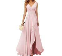 KURFACE Robe de demoiselle d'honneur longue en mousseline de soie à col en V avec fente froncée - Robe de soirée, rose, 34
