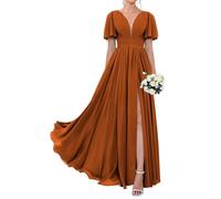 KURFACE Robe de demoiselle d'honneur plissée à manches évasées et col en V en mousseline de soie pour femme, orange brûlé, 34