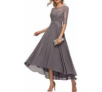 KURFACE Robe de mariée en dentelle avec appliques pour femme, robe trapèze à manches mi-longues, robes de soirée, gris, 38