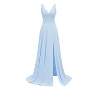 KURFACE Robe de mère de la mariée en mousseline de soie avec appliques en dentelle pour mariage sans manches longue formelle robe de demoiselle d'honneur, bleu clair, 46