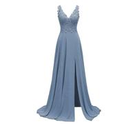 KURFACE Robe de mère de la mariée en mousseline de soie avec appliques en dentelle pour mariage sans manches longue formelle robe de demoiselle d'honneur, Bleu poudré, 52 Grande taille