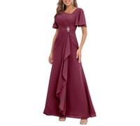 KURFACE Robe de mère de la mariée en mousseline de soie plissée avec manches pour invitée de mariage, Rose désert, 40