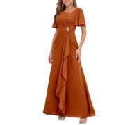 KURFACE Robe de mère de la mariée en mousseline de soie plissée avec manches pour invitée de mariage, orange brûlé, 48 plus