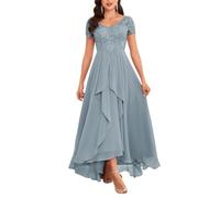 KURFACE Robe de soirée formelle à manches courtes en mousseline de soie et dentelle pour femme, Bleu poudré, 48 plus