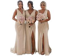 KURFACE Robe longue de demoiselle d'honneur à double col en V en mousseline de soie pour femme, champagne, 38