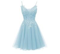 KURFACE Robes courtes Homecoming avec bretelles spaghetti en tulle et dentelle pour adolescents, bleu glace, 36