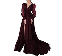 KURFACE Robes de bal de fin d'année, col en V, manches longues bouffantes, pour anniversaire, soirée avec fente haute pour femme, bordeaux, 38