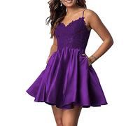 KURFACE Robes de bal en satin sans manches à bretelles spaghetti double col en V avec appliques à perles courtes pour soubrette d'honneur avec poches, violet, 38